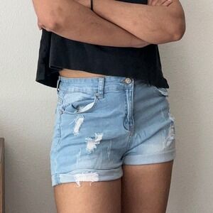 ENJEAN Denim Co. Ripped‎ Distressed Cuffed Hem Light Wash Jean Shorts